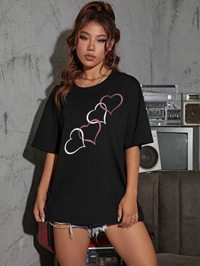 Woman's Black Four Heart Printed Oversized T-shirt