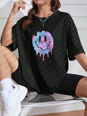 Woman's Black Colorful Smiley Printed Oversized T-shirt