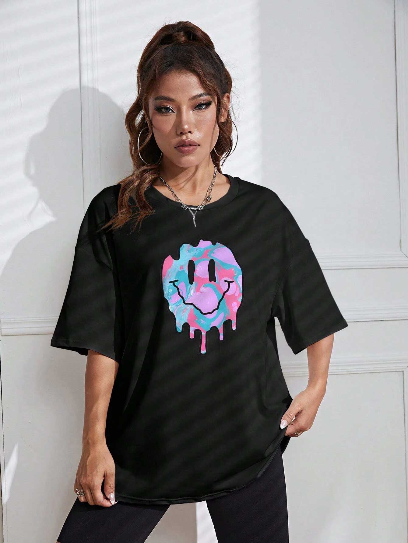 Woman's Black Colorful Smiley Printed Oversized T-shirt