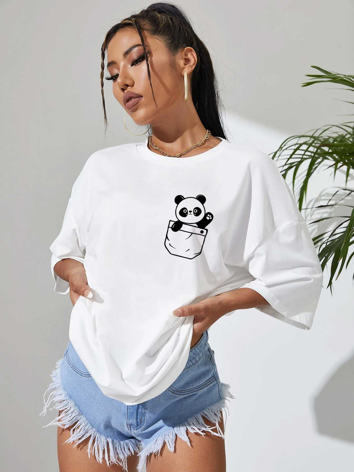 Woman's White Panda Printed Oversized T-shirt