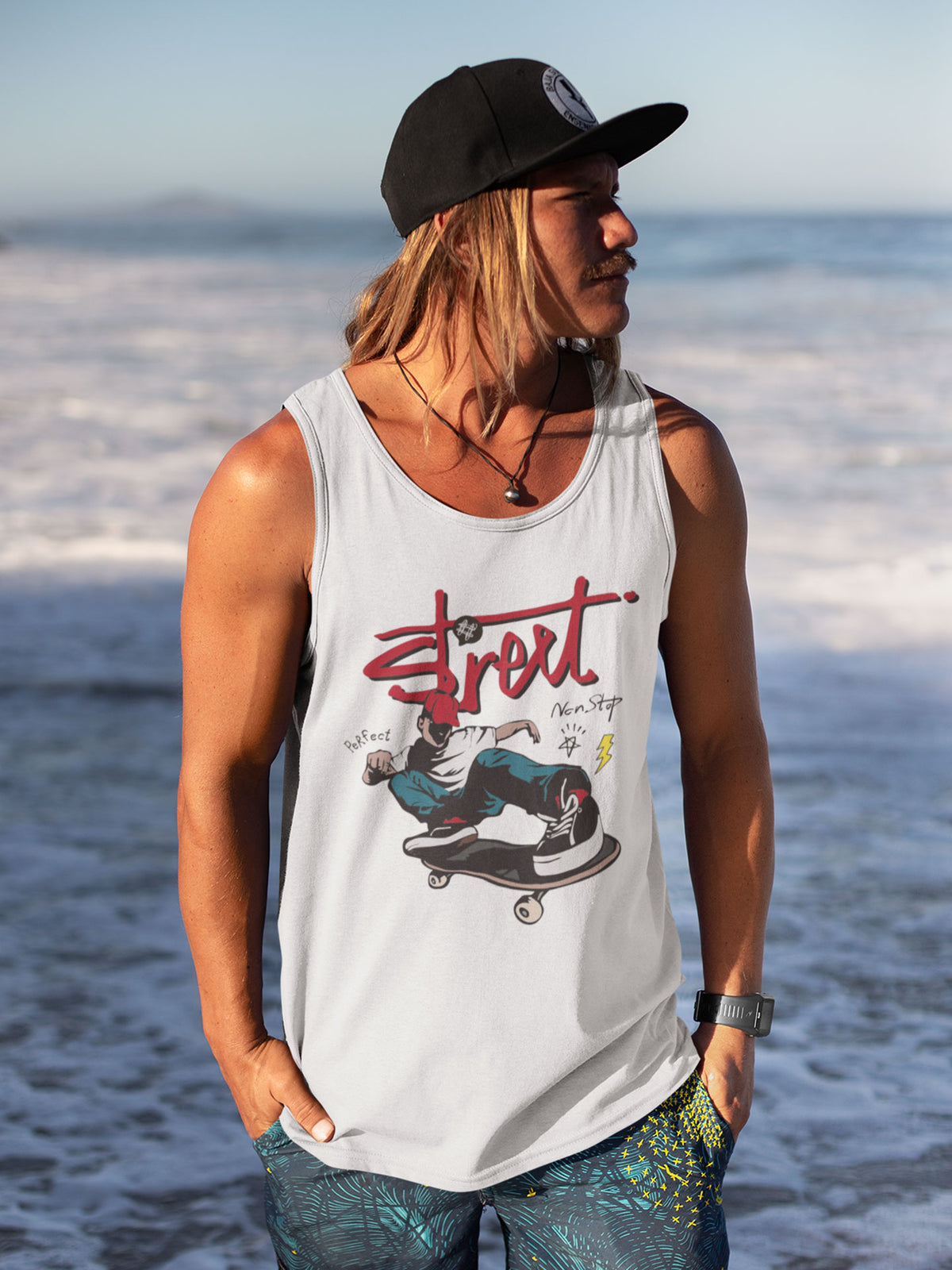 Men's White Street Skate Printed Sando