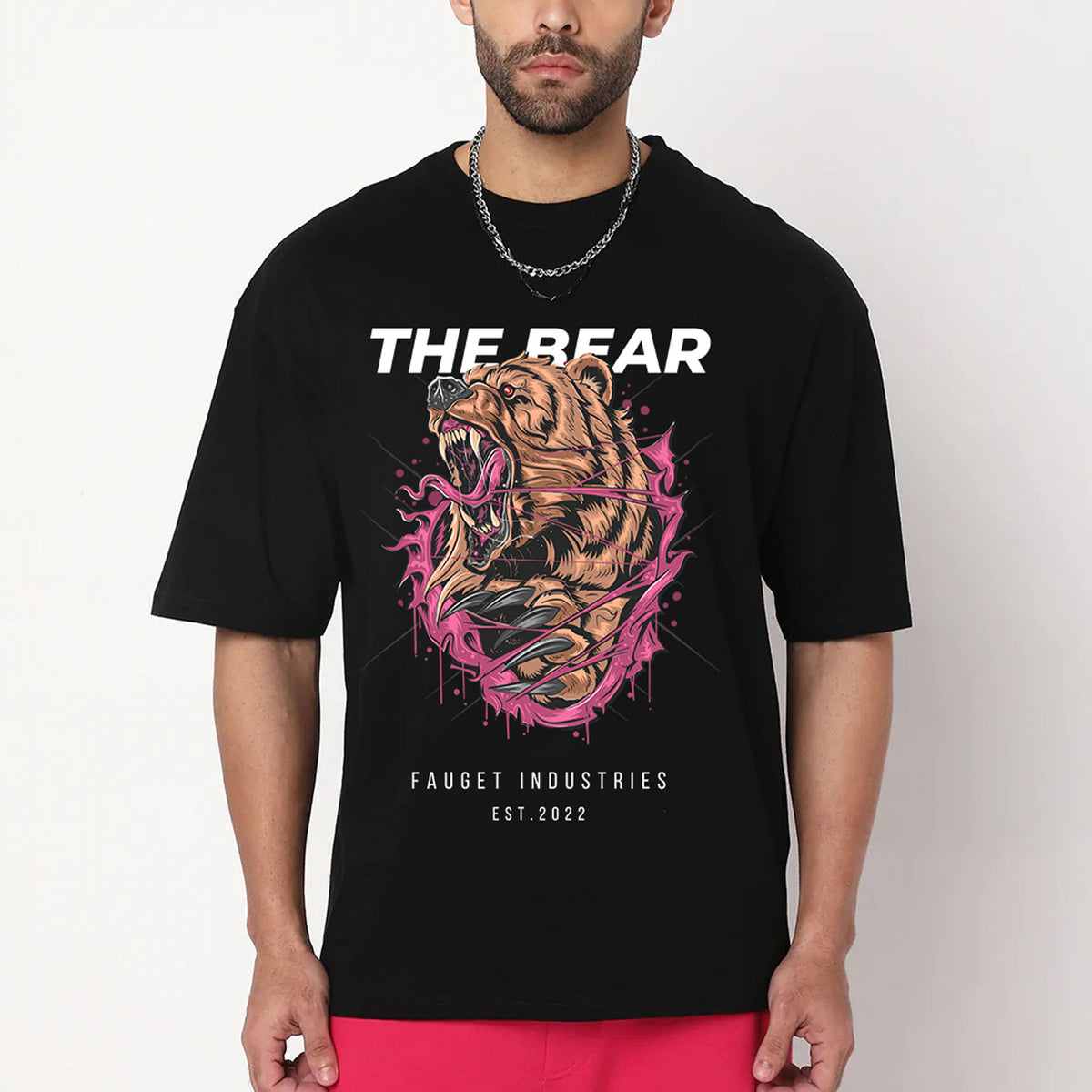 Men's Black The Bear Printed Oversized T-shirt
