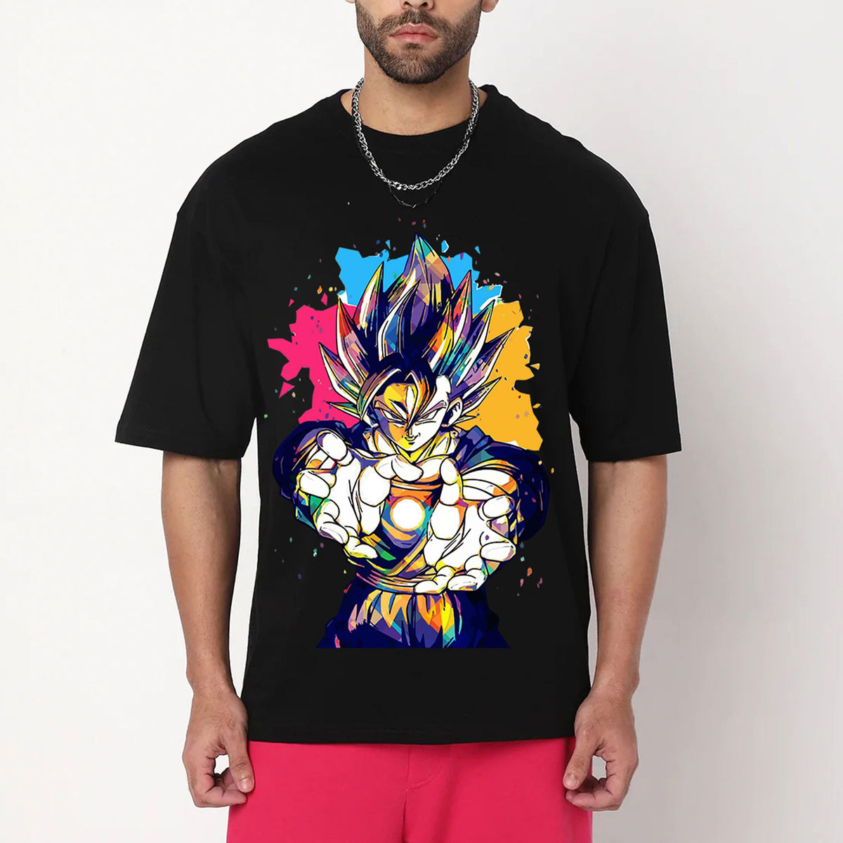 Men's Black Colorfull Goku Printed Oversized T-shirt