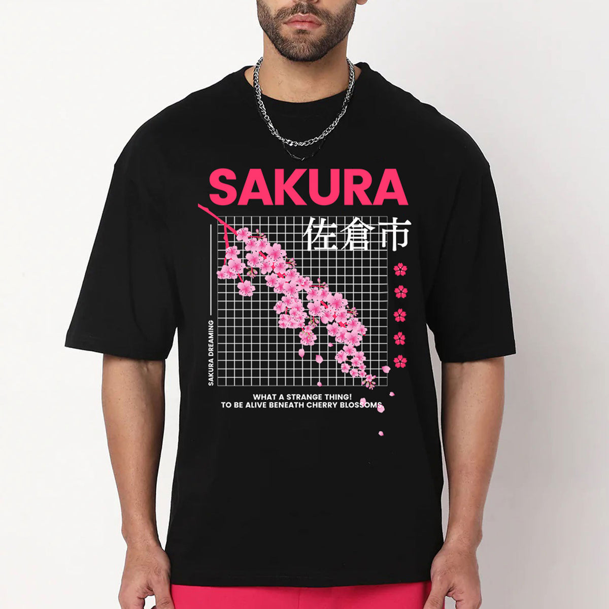 Men's Black Sakura Printed Oversized T-shirt