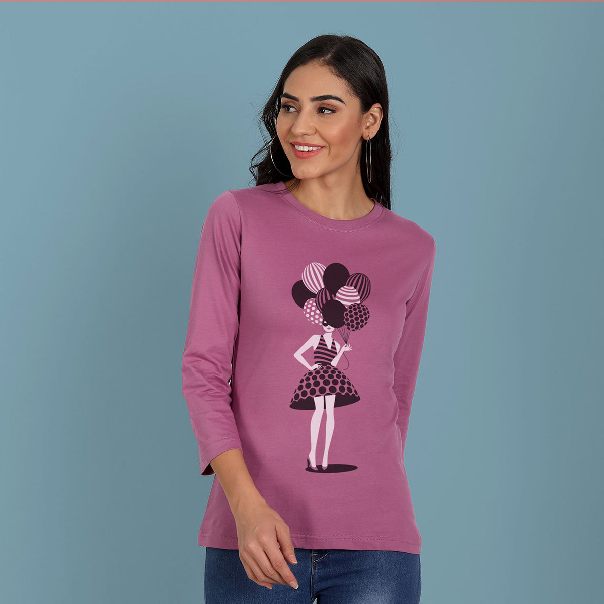 Girl With Balloon Printed 3/4th Sleeve T-shirt For Girls