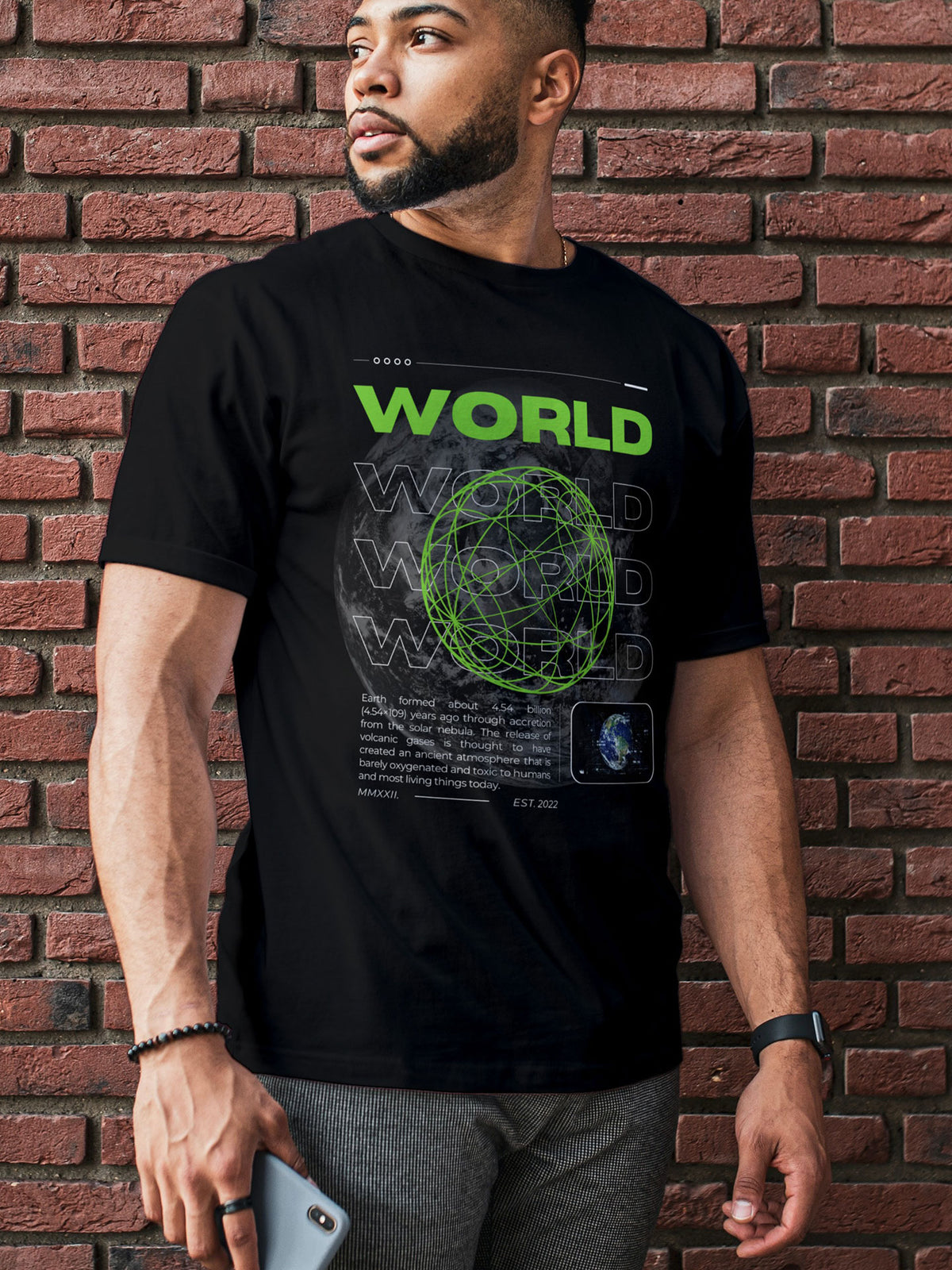Men's Black World Printed T-shirt