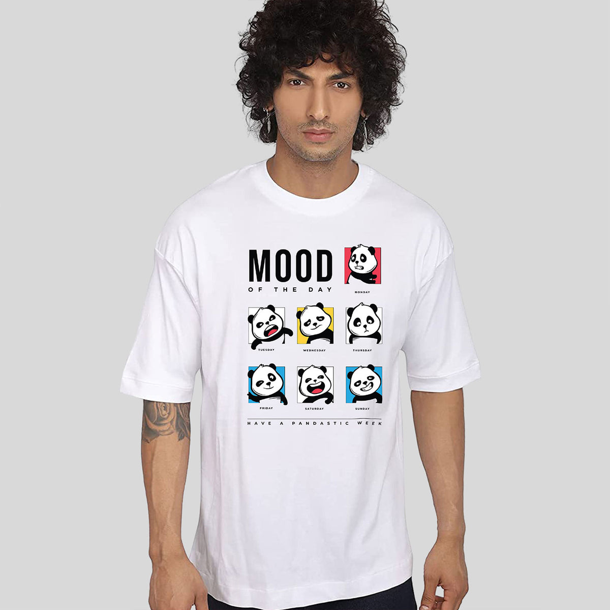 Men;s White Mood Panda Printed Oversized T-shirt