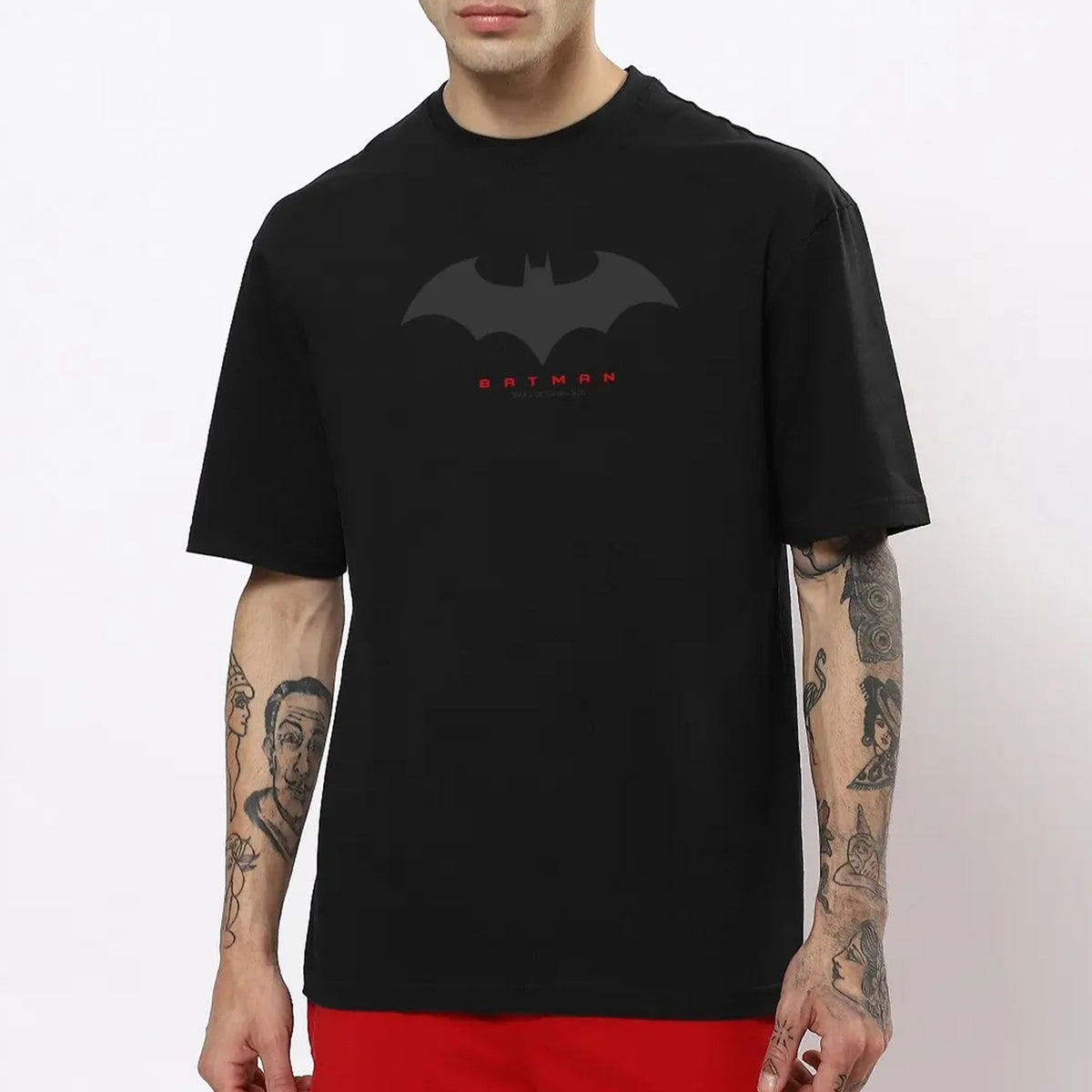 Men's Black Batman Outline Logo (BML) Printed Oversized T-shirt