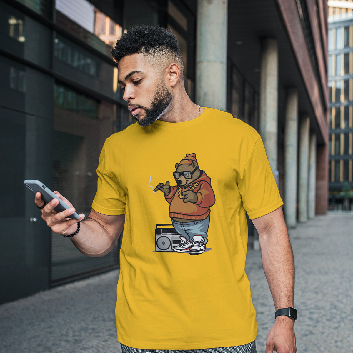 Men's Yellow Radio With Bear Printed T-shirt