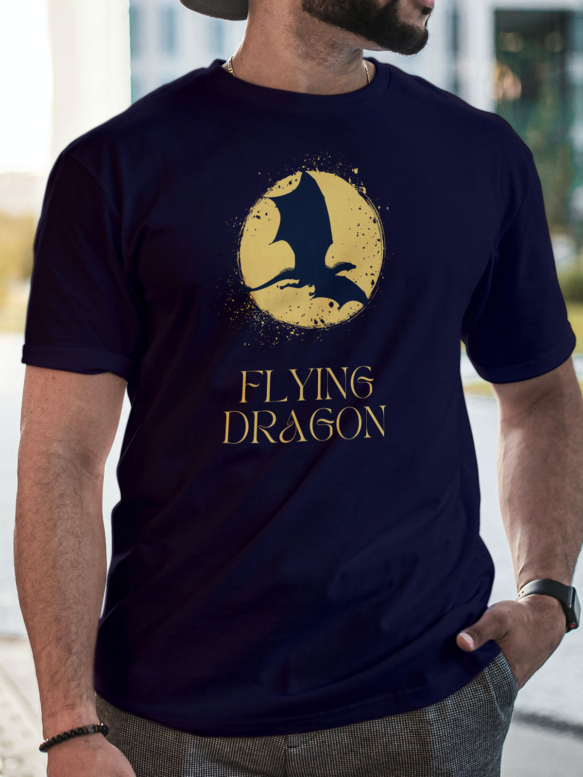 Men's Blue Flying Dragon Printed T-shirt