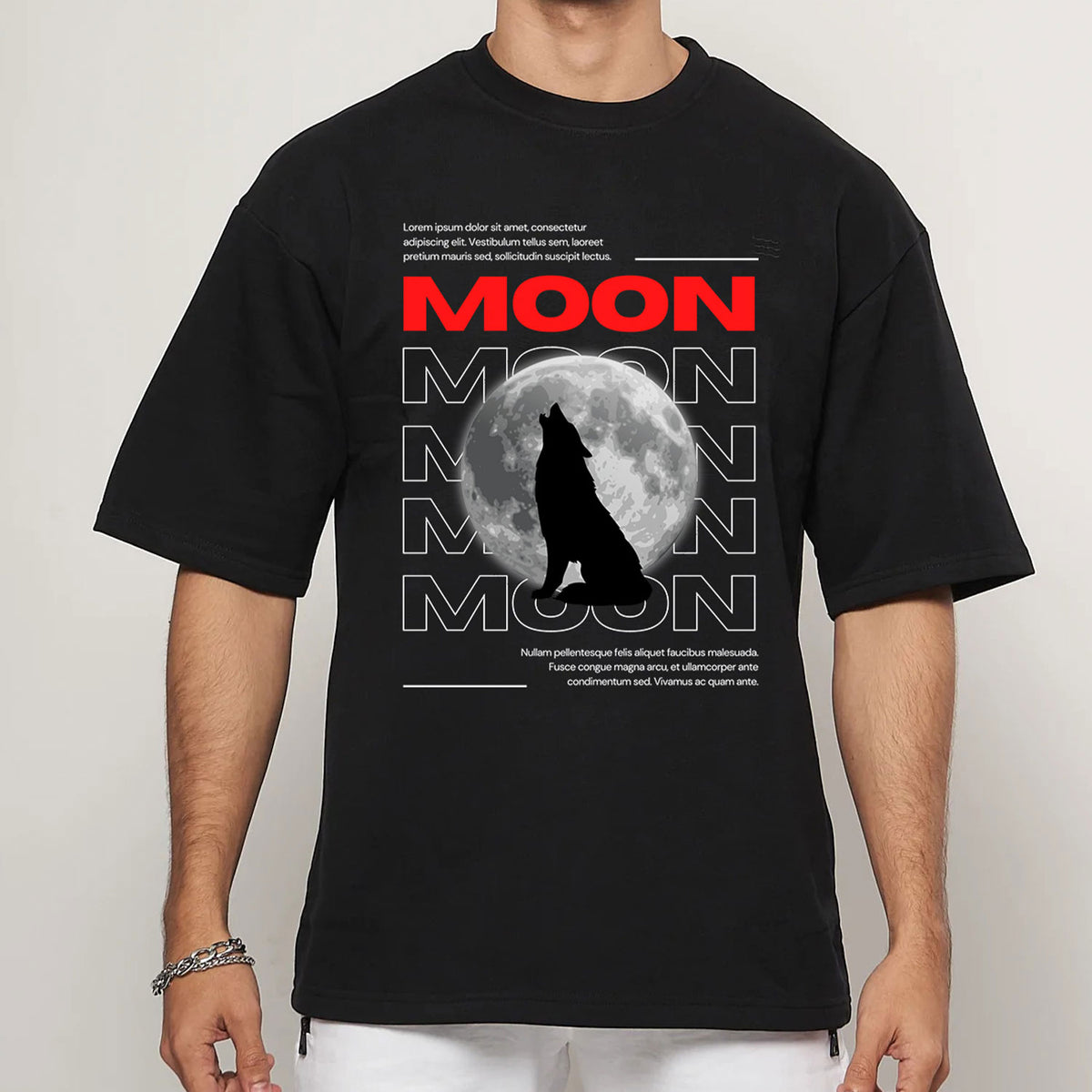 Men's Black Moon Wolf Printed Oversized T-shirt