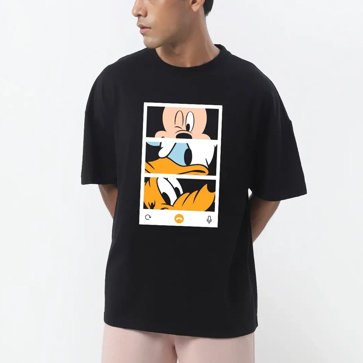 Men's Black Mickey Trio Call Graphic Printed Oversized T-shirt