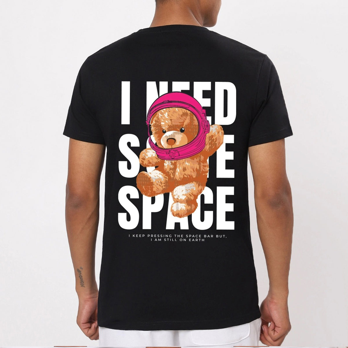 Men's Black Need Space Teddy Graphic Printed Oversized T-shirt