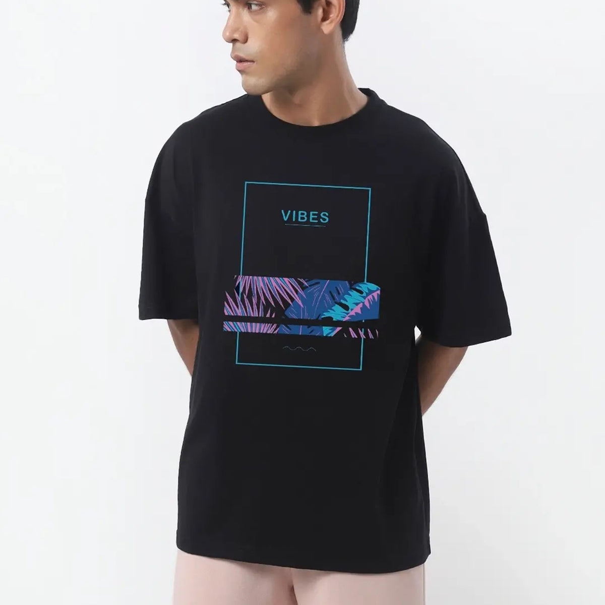 Men's Black Blue Vibes Typography Oversized T-shirt