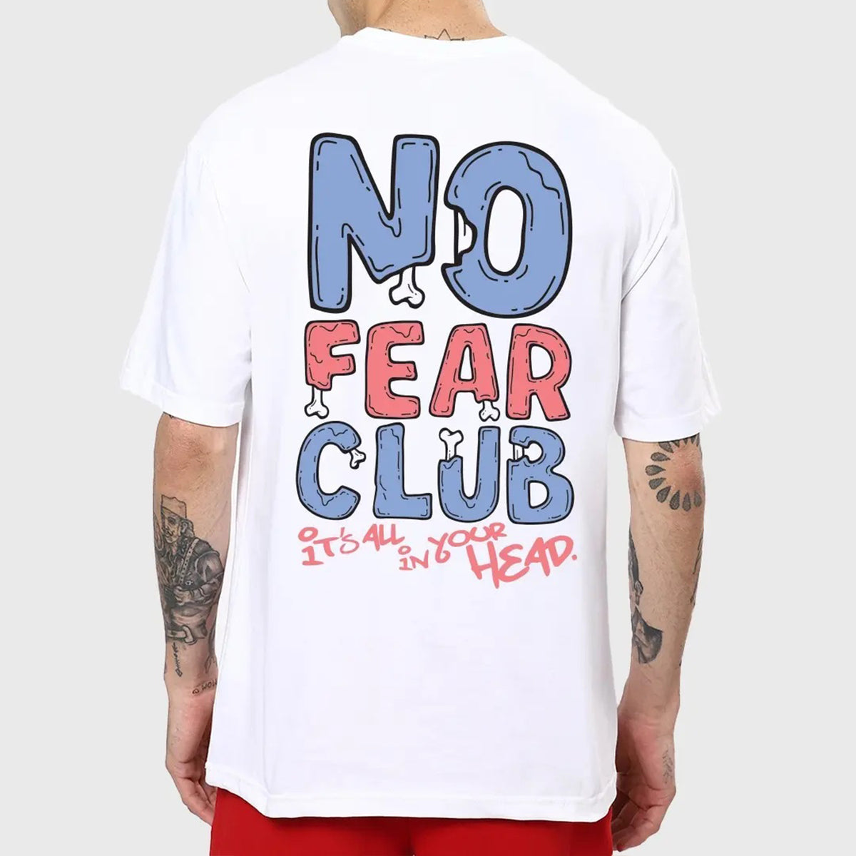 Men's White No Fear Club Typography Oversized T-shirt