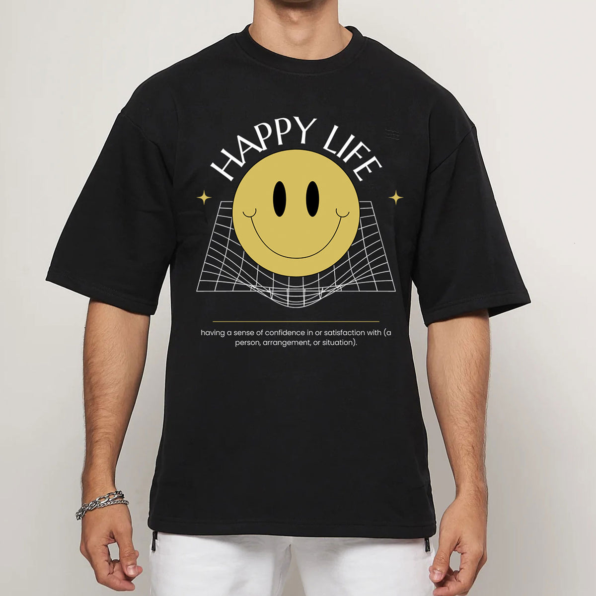Men's Black Happy Life Printed T-shirt