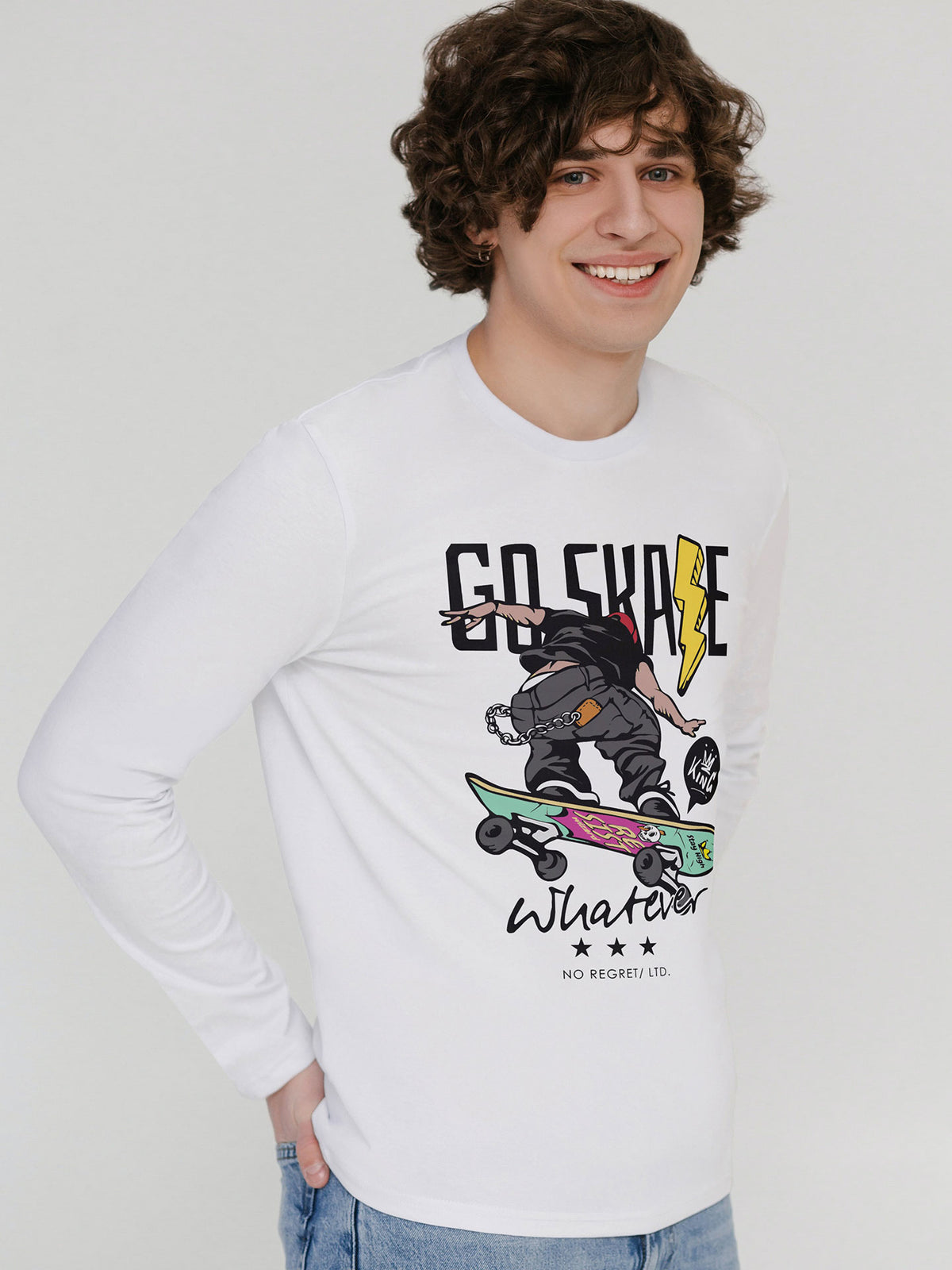 Men's White Go Skate Printed Full-Sleeve T-shirt
