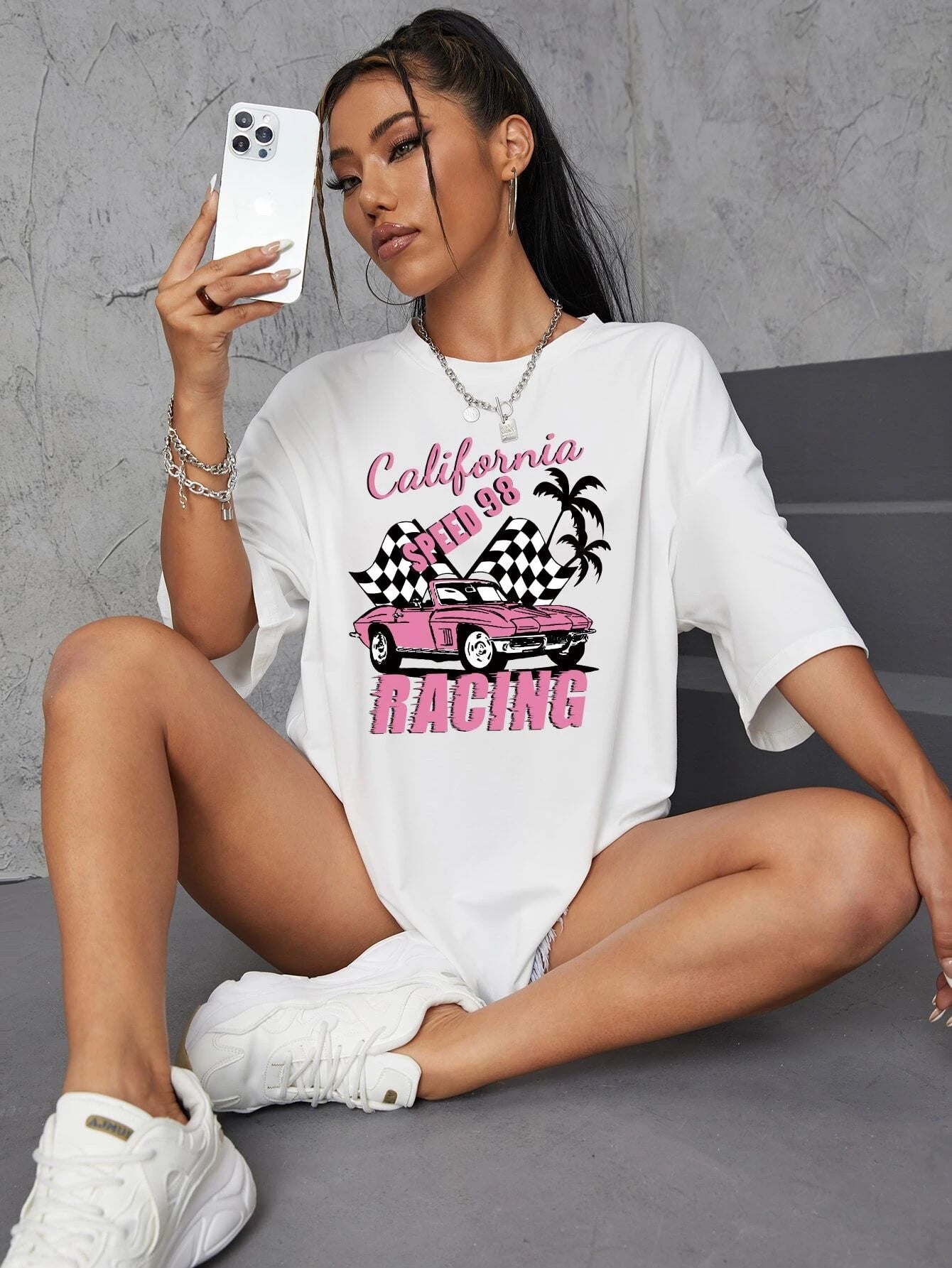 Car And Letter Graphic Drop Shoulder Oversized Tee