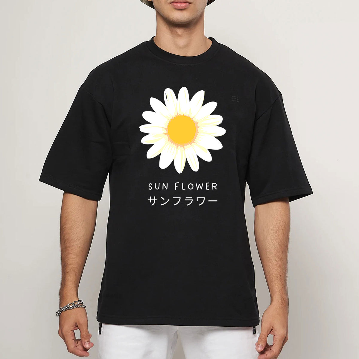 Men's Black Sun Flower Printed Oversized T-shirt