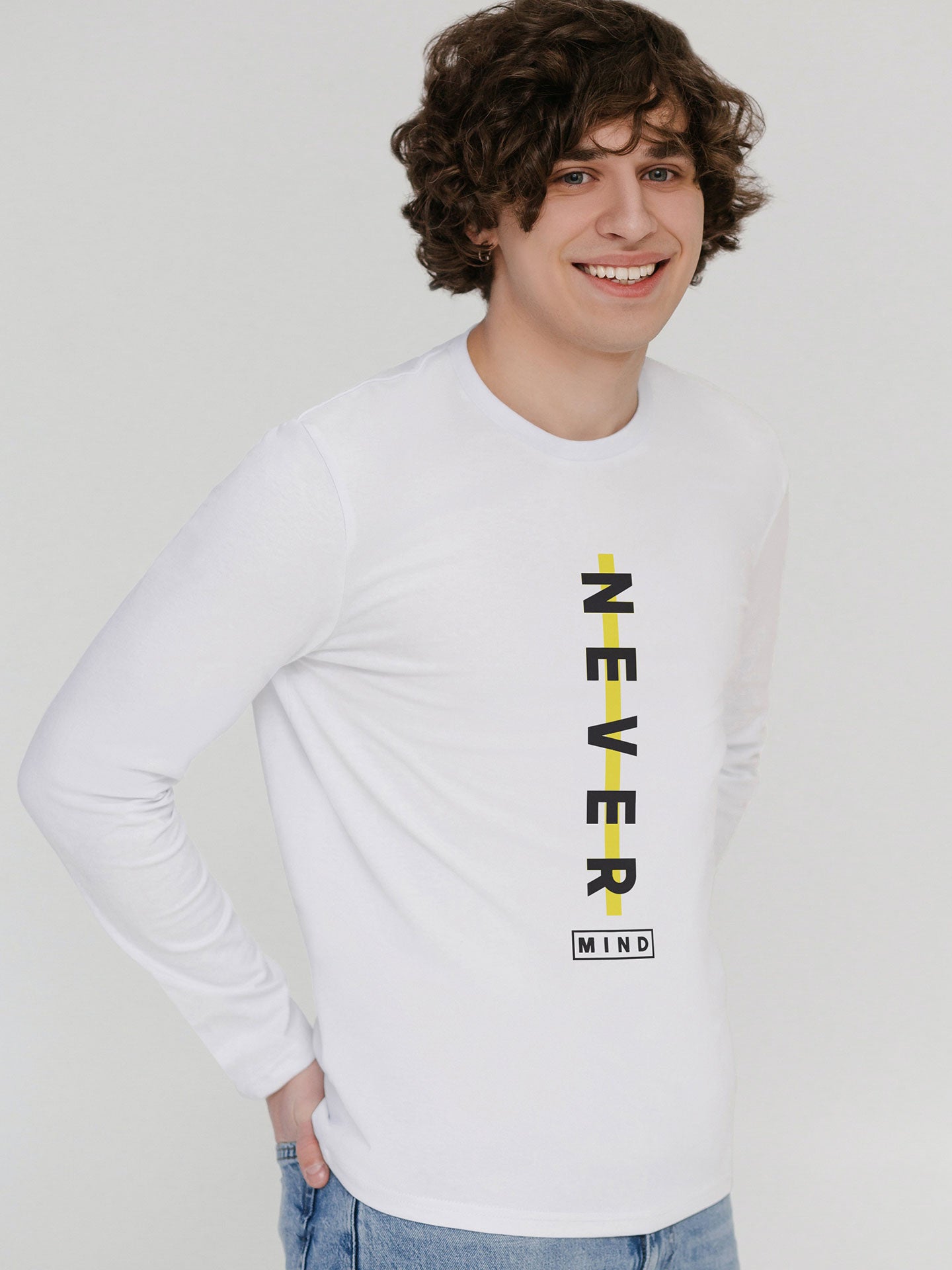 Men's White Never Mind Printed Full-Sleeve T-shirt