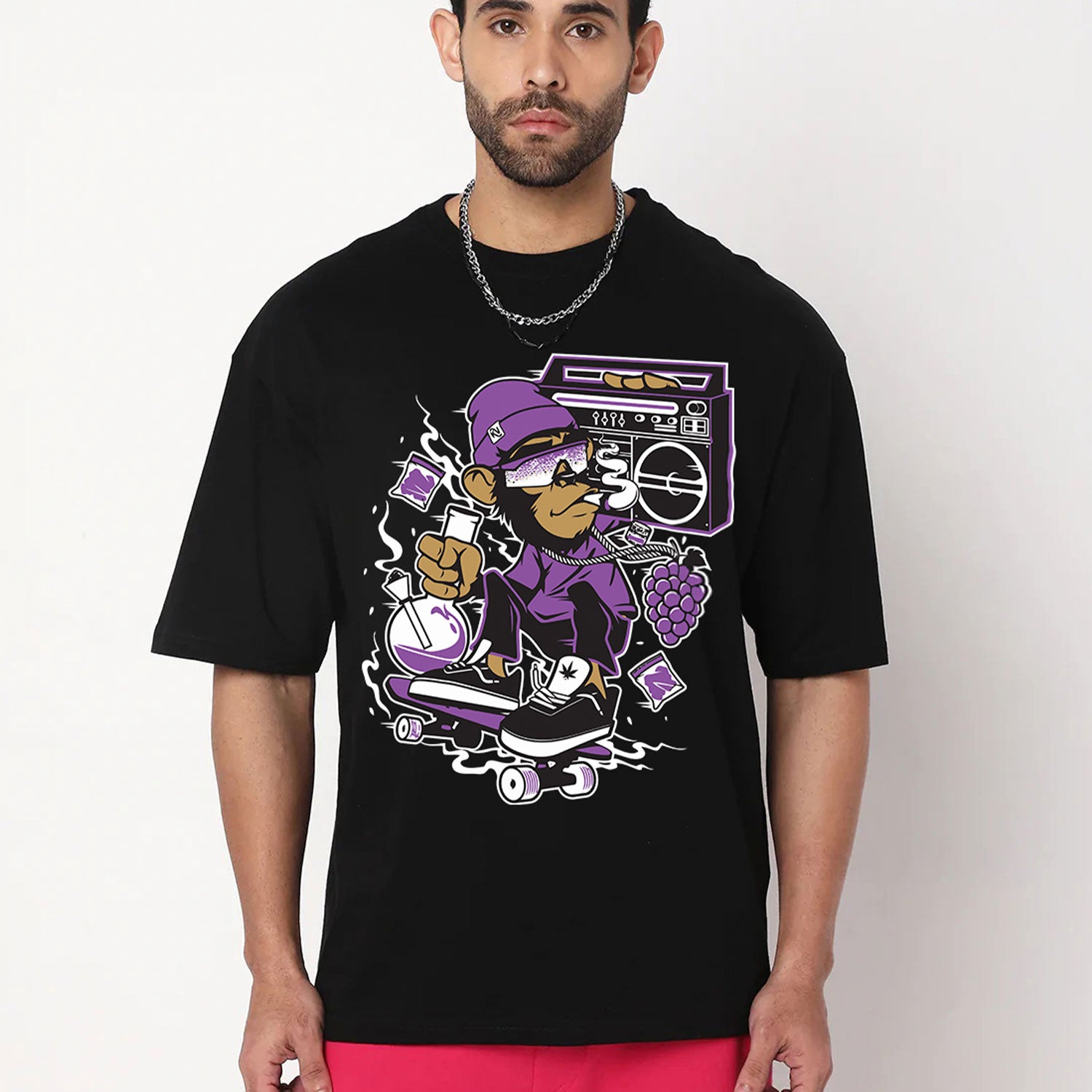 Men's Black Monkey With radio Printed Oversized T-shirt