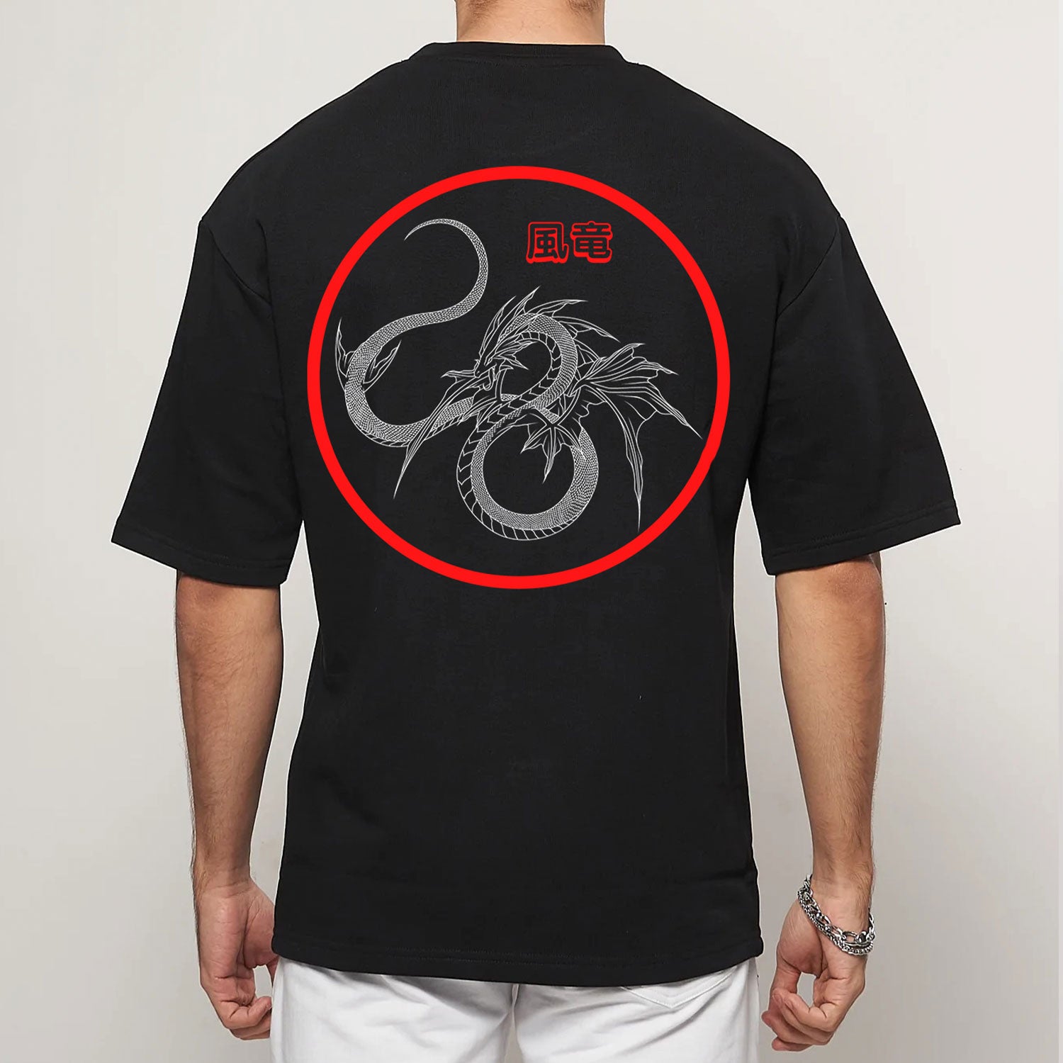 Men's Black Wind Boy Dragon Printed Oversized T-shirt