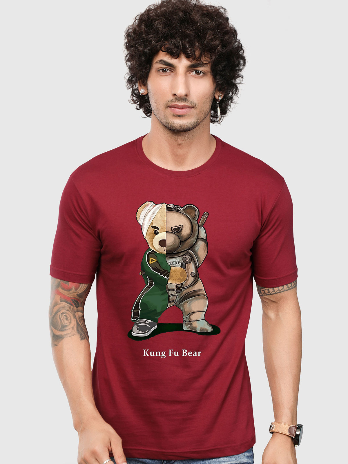 Men's Maroon Kung Fu Bear Printed T-shirt