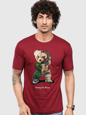 Men's Maroon Kung Fu Bear Printed T-shirt