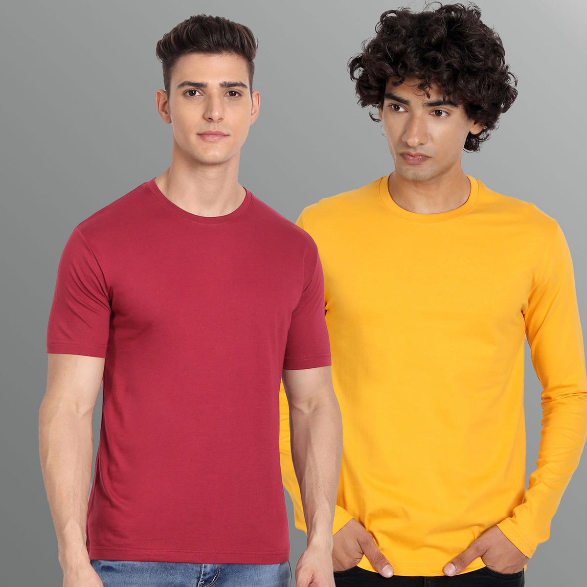 Full Sleeve Yellow and Half Sleeve Maroon T-shirt Combo For Men