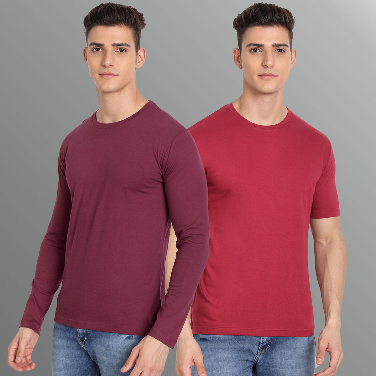 Full Sleeve Maroon And Half Sleeve Red T-shirt Combo For Men