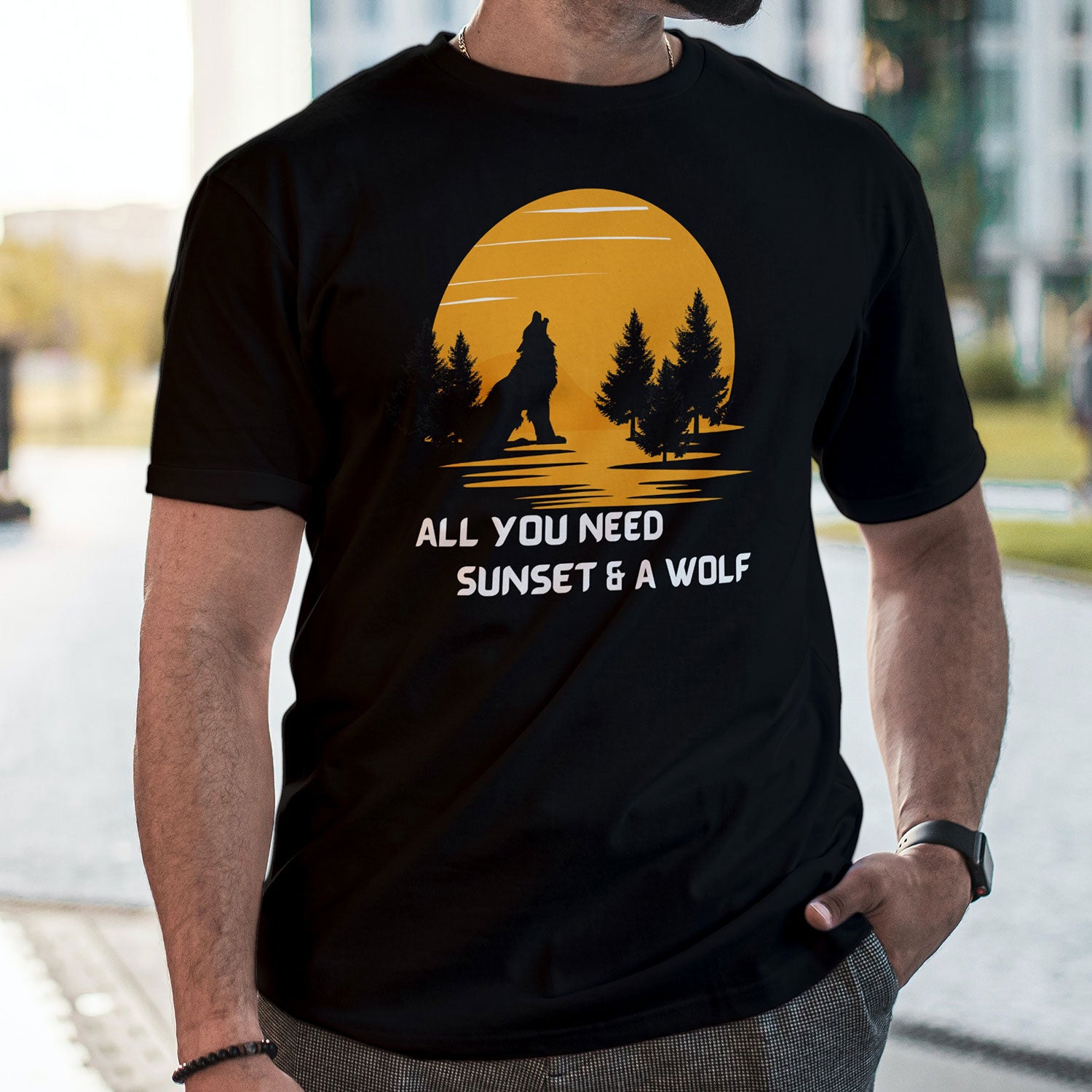 All You Need SunSet A wolf Printed T-shirt For Men