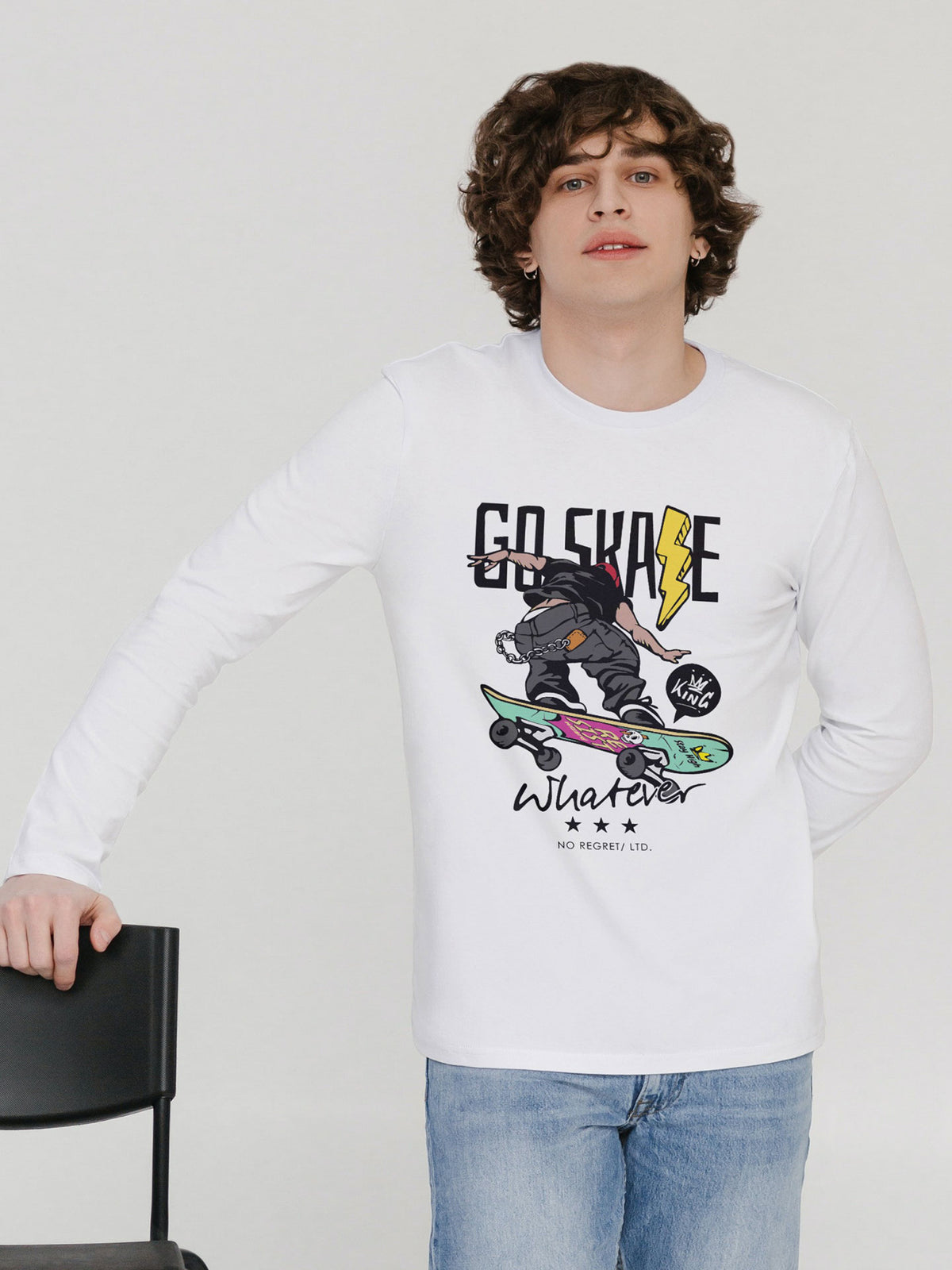Men's White Go Skate Printed Full-Sleeve T-shirt