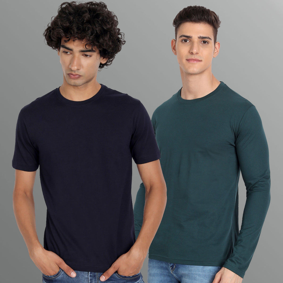 Half Sleeve Blue and Full Sleeve Green T-shirt Combo For Men