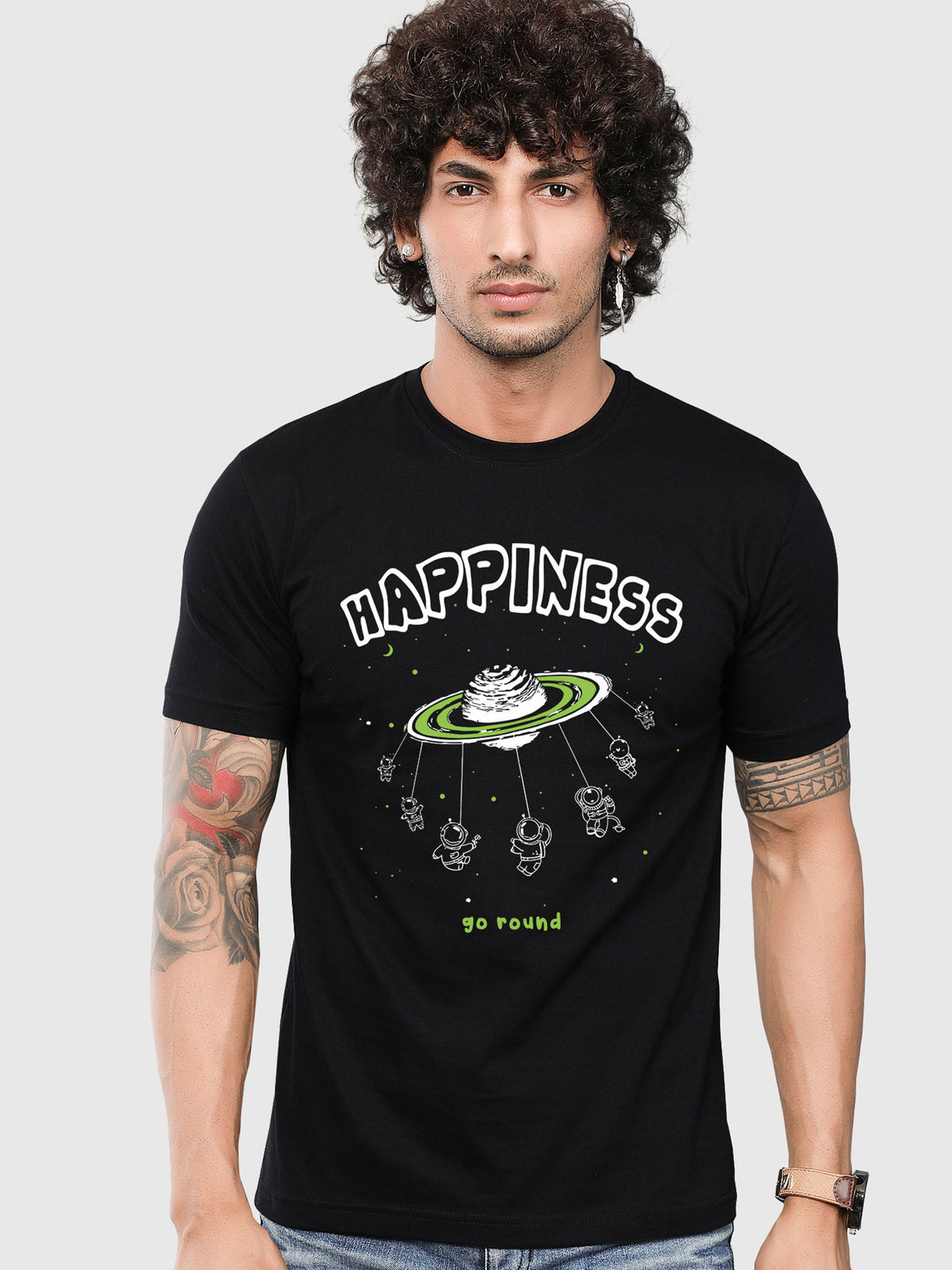 Men's Black Happiness Printed T-shirt
