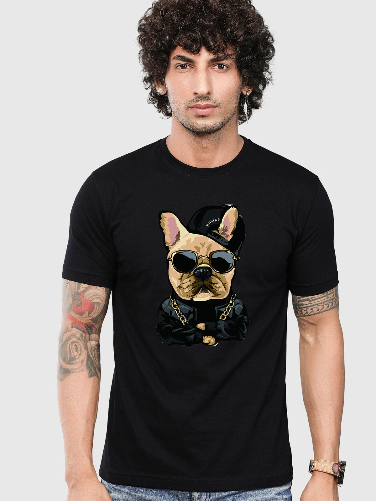 Men's Black Dog Printed T-shirt