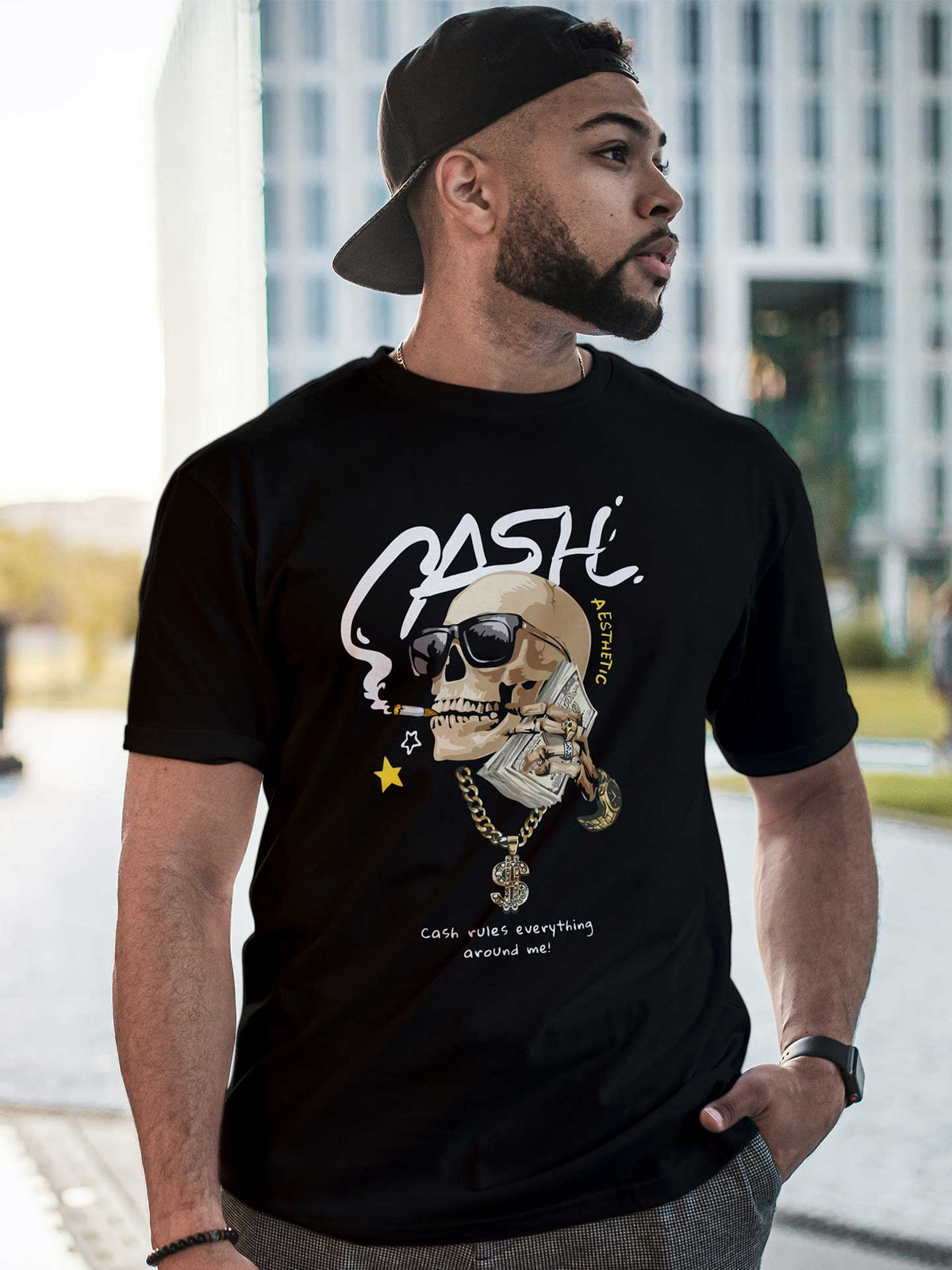 Men's Black CASH Skull Printed Tshirt