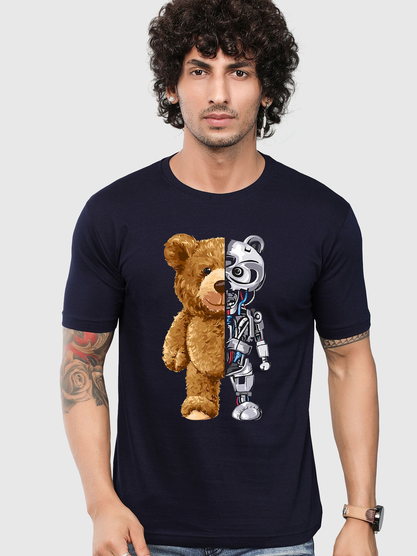 Men's Blue Robo-Bear Printed T-shirt