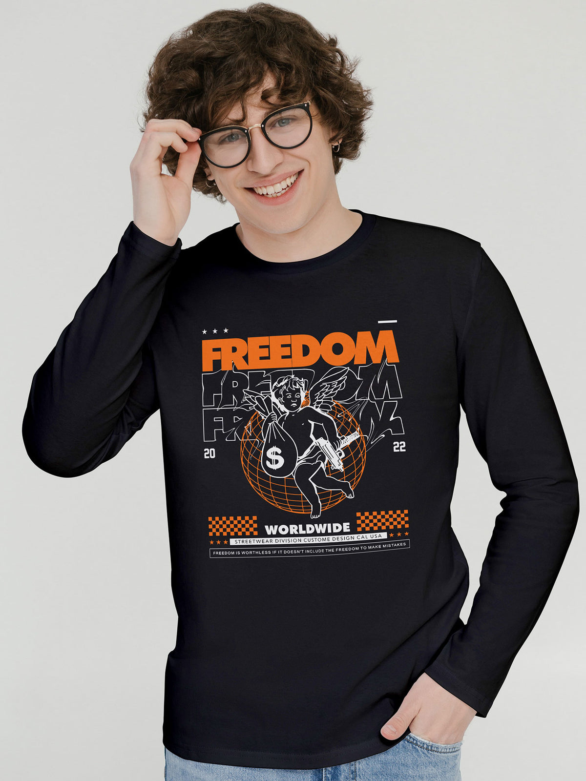 Men's Black Freedom Printed Full-Sleeve T-shirt