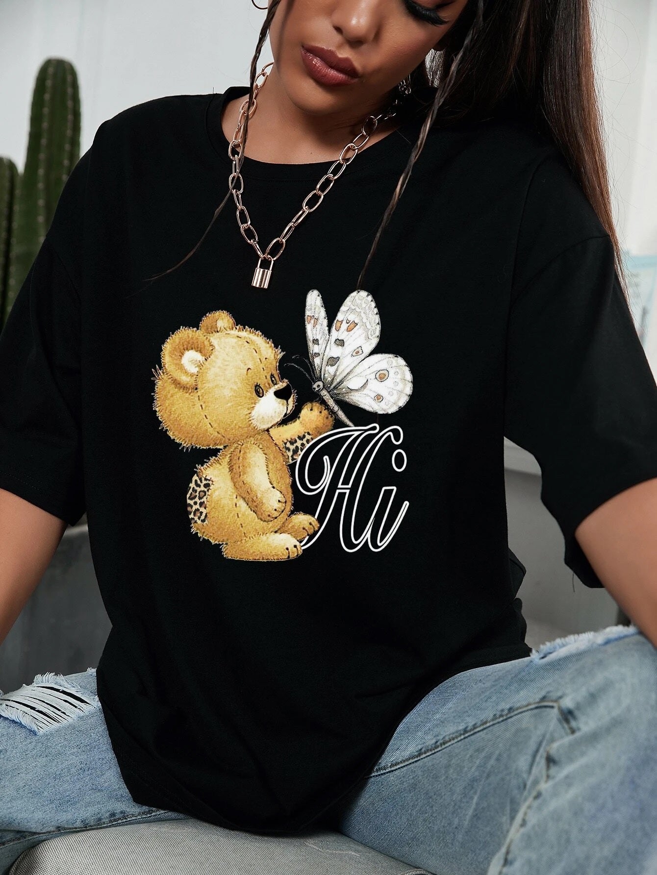 Bear With Butterfly Hi Printed Black Drop Shoulder Oversized tshirt