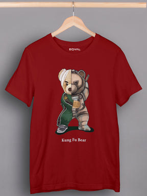 Men's Maroon Kung Fu Bear Printed T-shirt