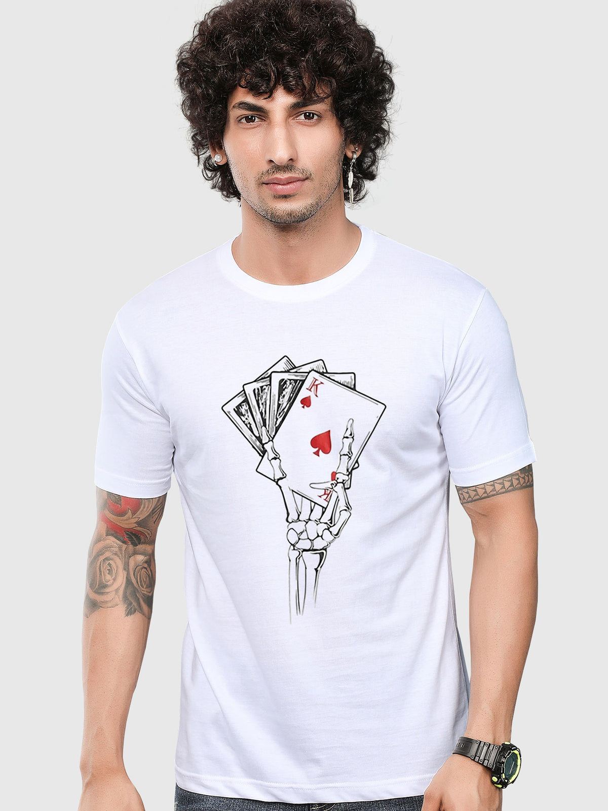 Men's White Skull Hand Printed T-shirt