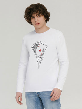 Men's White Skull Hand Printed Full-Sleeve T-shirt