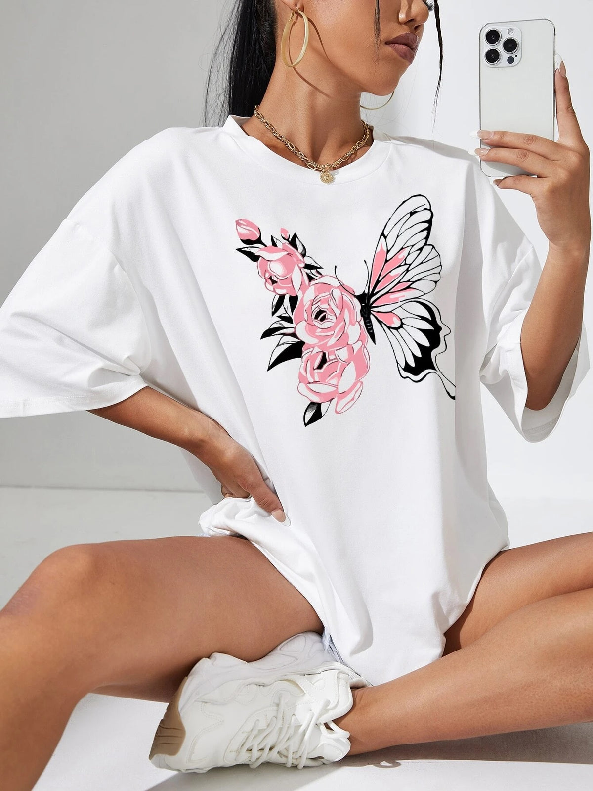 Butterfly White Drop Shoulder Oversized  Tee