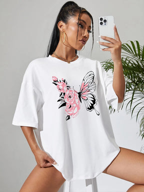 Butterfly White Drop Shoulder Oversized  Tee