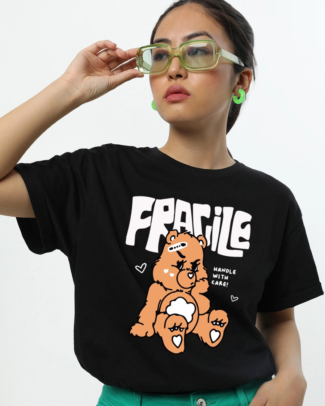 Woman's Black Fragile Printed Boyfriend T-shirt