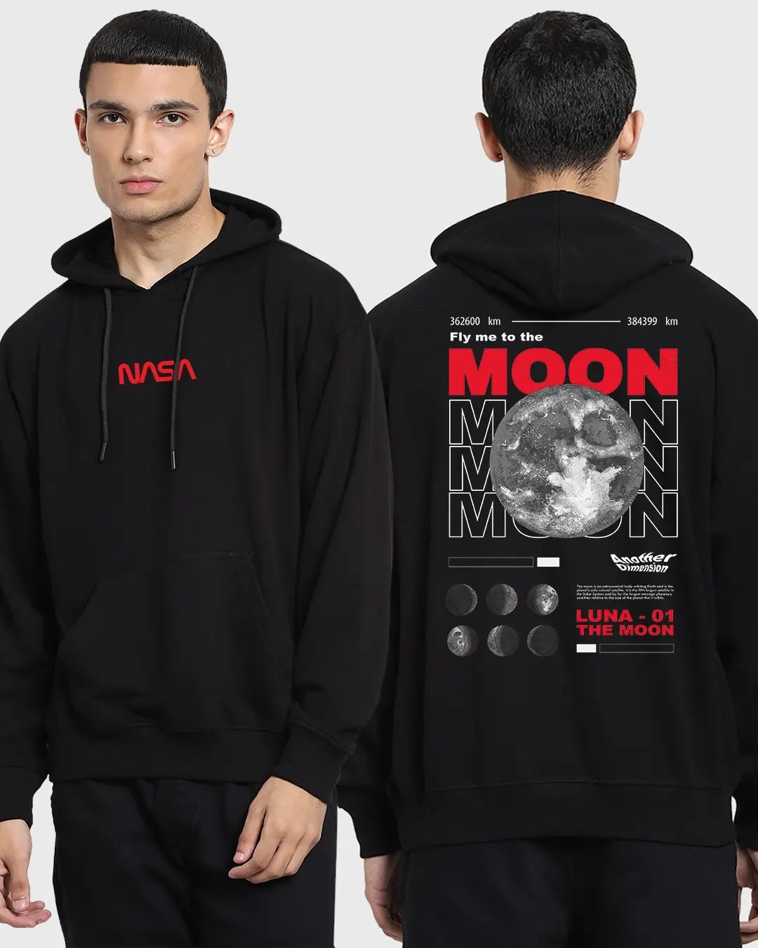 Men's Black Fly Me To The Moon Graphic Printed Oversized Hoodie
