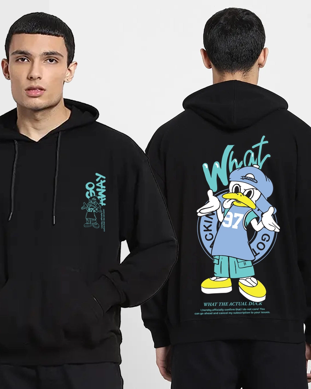 Men's Black What The Duck Graphic Printed Oversized Hoodie