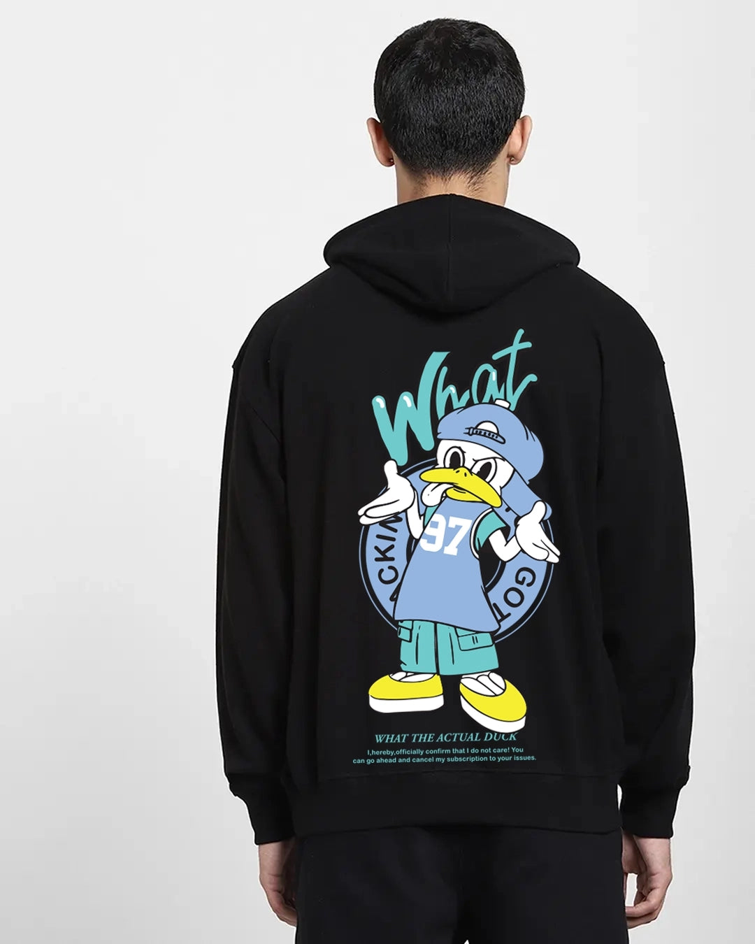 Men's Black What The Duck Graphic Printed Oversized Hoodie