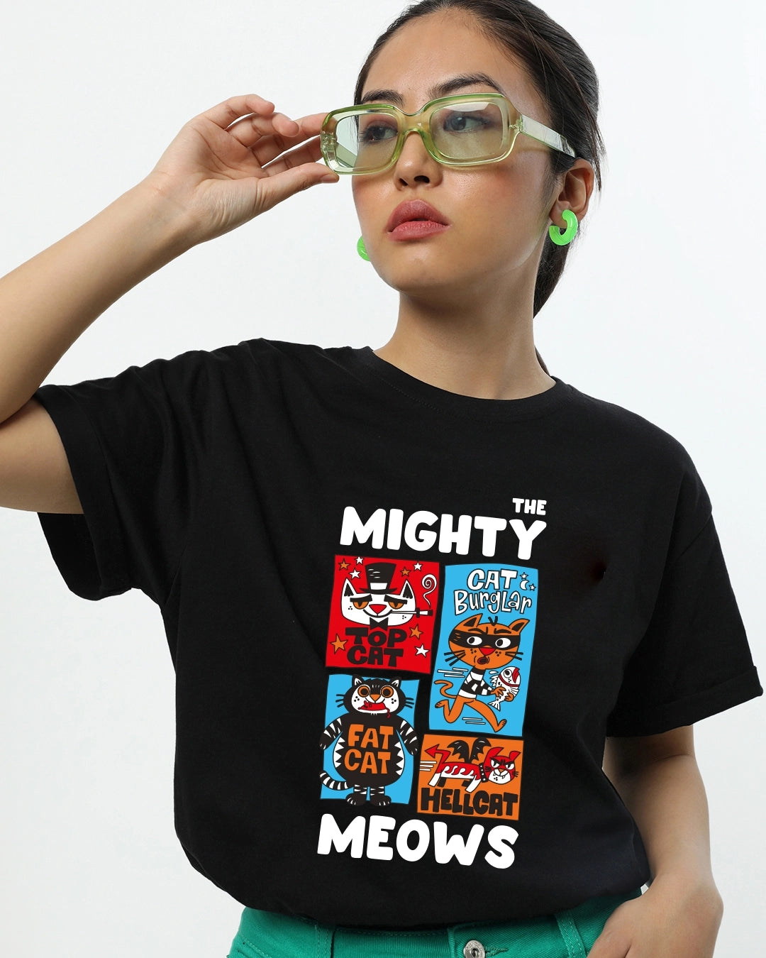 Women's Black The Mighty Meows Graphic Printed Boyfriend T-shirt
