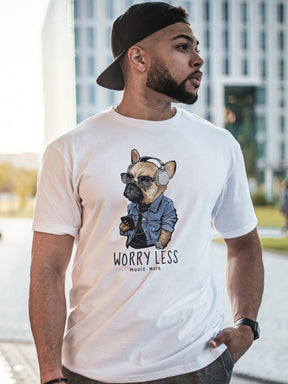 Men's White Worry Less Music More Printed T-shirt